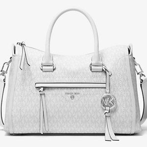 MICHAEL KORS Carine Medium Logo Satchel Bag - White/Beige